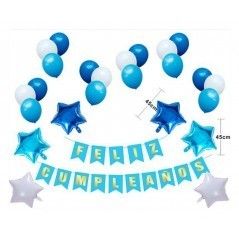 Set de globos azul+guirnalda feliz cumpleaños 40pcs
