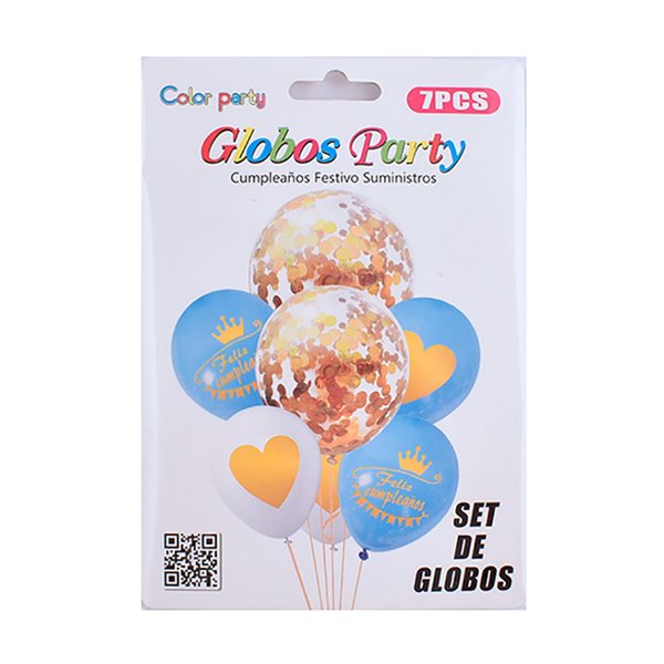 Set de globos azul blanco oro confeti feliz cumpleaños
